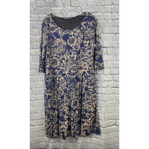 Peruvian Connection Blue Floral Damask Print Midi Dress Pleated Skirt Size XL